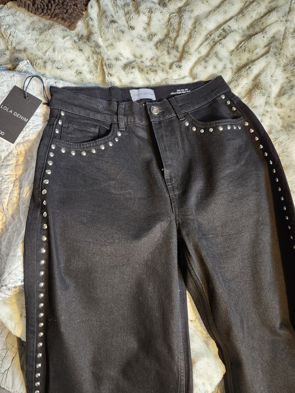 LOLA Denim Black Studded Wide-Leg Jeans 29 Brand New
